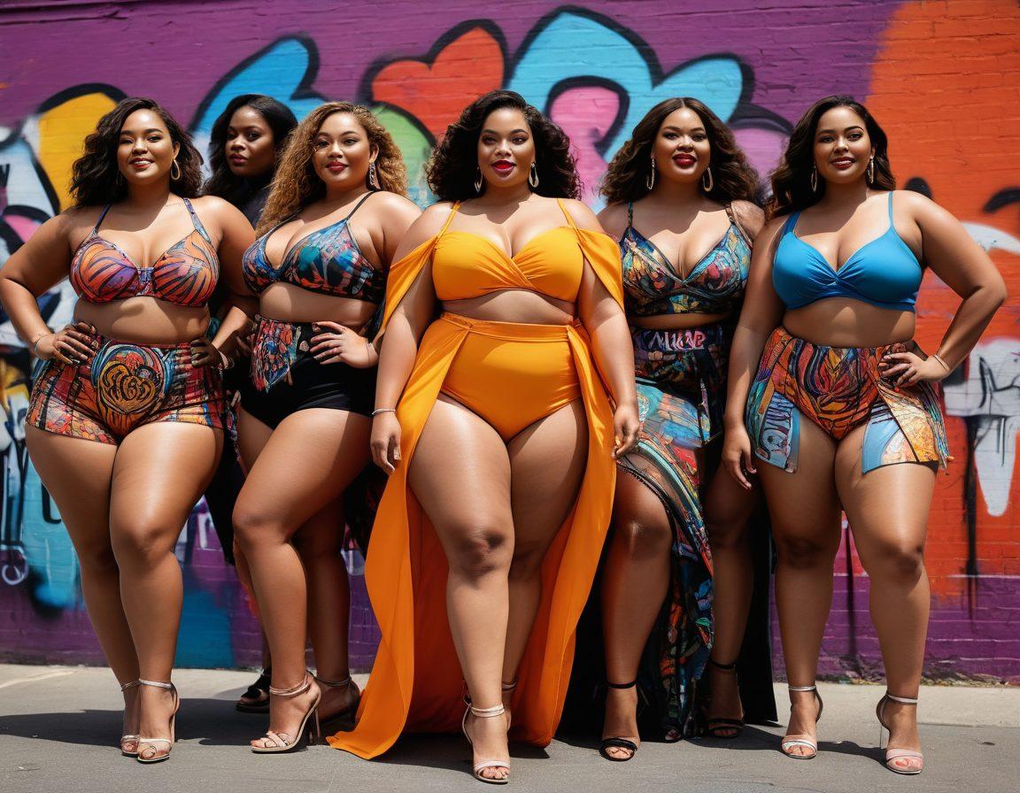 A diverse group of plus-size models confidently strutting down a vibrant runway, dressed in fashionable, bold outfits that celebrate body positivity. The background showcases colorful graffiti art symbolizing self-love and empowerment. Their expressions radiate joy and confidence, encapsulating a blissful journey. The lighting is bright and uplifting, enhancing the overall energy of the scene. 3D rendering. vibrant colors. contemporary art style.