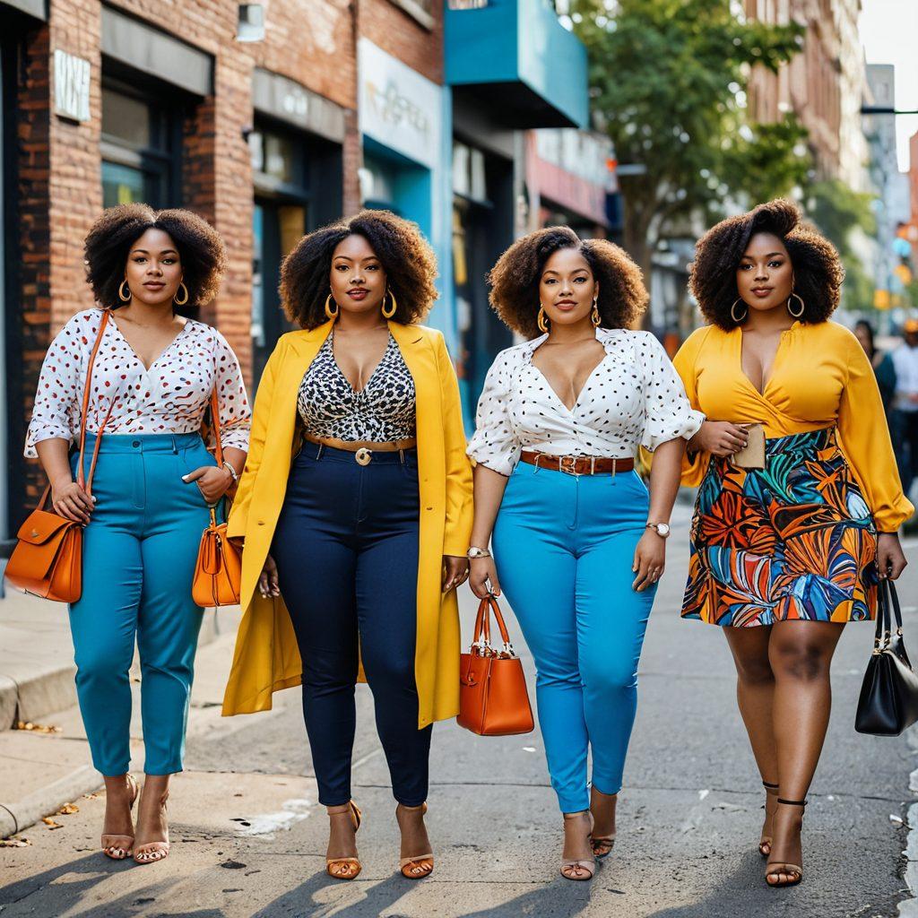 A diverse group of curvy women joyfully showcasing vibrant and stylish outfits, expressing confidence and individuality. They are surrounded by colorful accessories, inspiring elements of fashion, and a lively urban backdrop. The image radiates positivity and an empowering atmosphere, inviting viewers to embrace their unique styles. bright and lively colors. super-realistic.