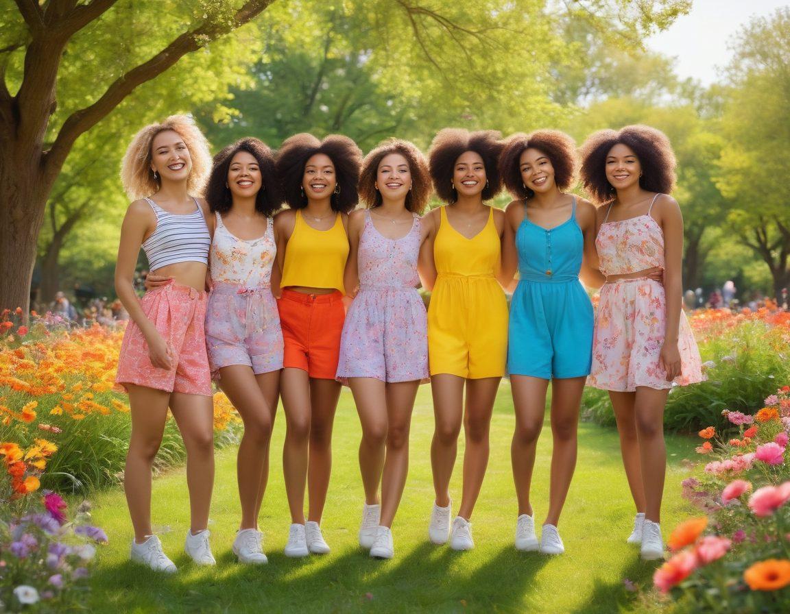A group of stylish, diverse girls of different backgrounds joyfully poses together in a colorful park, showcasing their unique fashion styles and accessories. They are surrounded by blooming flowers and sunshine, radiating warmth and happiness, with playful expressions and confident postures. The scene conveys a sense of empowerment and friendship, inviting others to embrace their individuality and shine. vibrant colors. super-realistic. cheerful atmosphere.